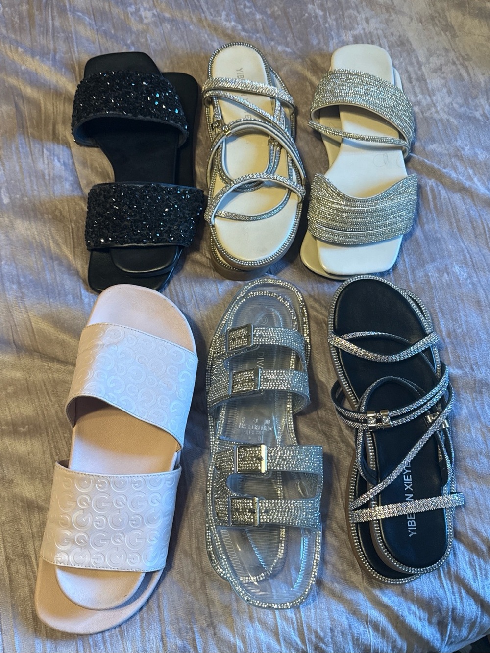 Women's Embellished Slide Sandals - Black, Silver, Blush